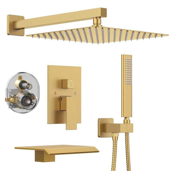 waterpar 1-Spray Square 10 in. Shower System Fixed Shower Head and Tub Faucet with Hand Shower in Brushed Gold (Valve Included)