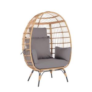 Brown Wicker Indoor Outdoor Egg Lounge Chair with Light Gray Cushion, Steel Frame
