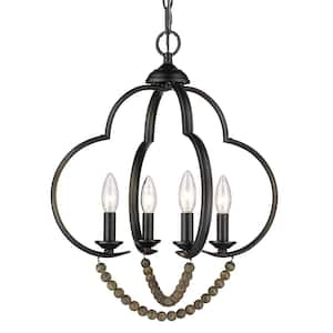 Flori 4-Light Matte Black Espresso Wood Beads Lantern Pendant Light