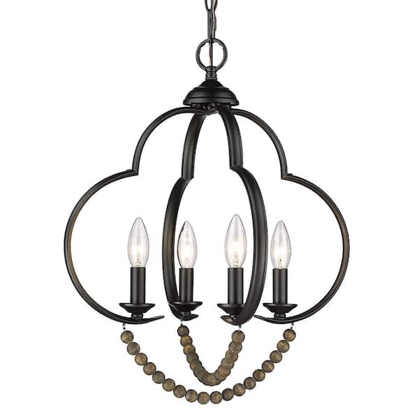 Golden Lighting Flori 4-Light Matte Black Espresso Wood Beads Lantern Pendant Light