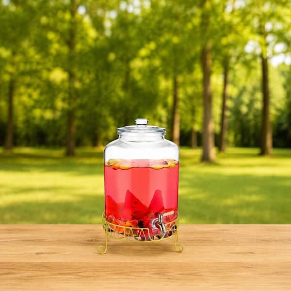 4 gal. Glass Beverage Dispenser with Stand, Stainless Steel Spigot and Chalkboard Signs, Gold Drink