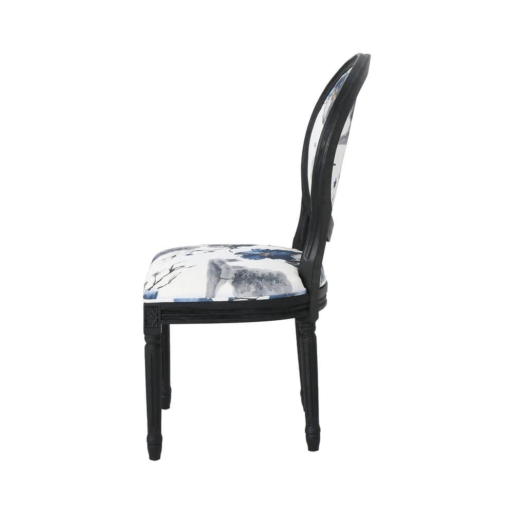 Elegant Noir High-Back Wood Side Chair with Floral Cushion, Set of 2