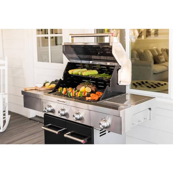 KitchenAid 720-0953AC 3-Burner Propane Gas Grill with Searing Side Burner and Silver PDC Side Shelves in Black - 2
