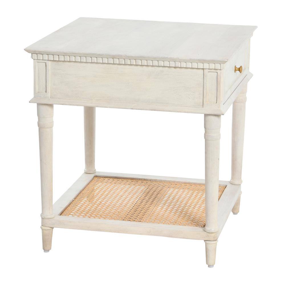 Distressed White Wood End Table with Cane Shelf and Drawer