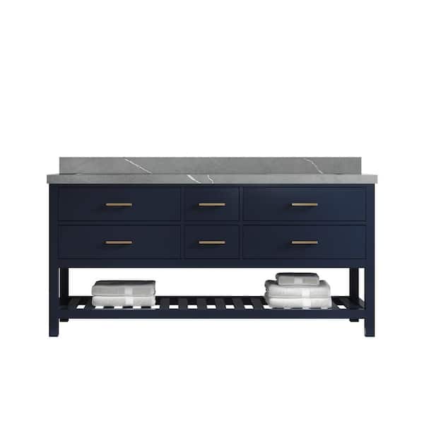 Willow Collections Parker 72 in. W x 22 in. D x 36 in. H Double Sink Bath Vanity in Navy Blue with 2 in. Piatra Quartz Top