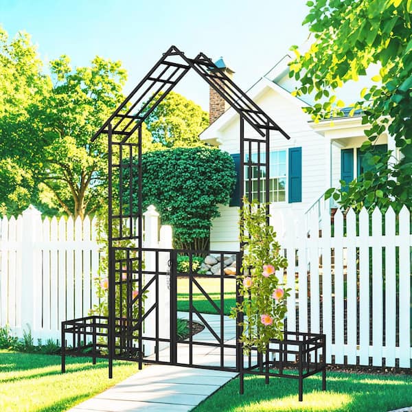 80.7 in. x 97.2 in. Black Metal Garden Wedding Arch Arbor w/ Gate & Planters Outdoor Trellis for Climbing Plants & Roses
