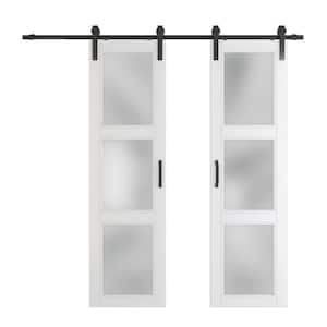 Double Sliding 48 in. x 84 in., 2 Panel, 3-Lite Frosted Glass, White, Finished, MDF Barn Door Slab with Hardware Kits