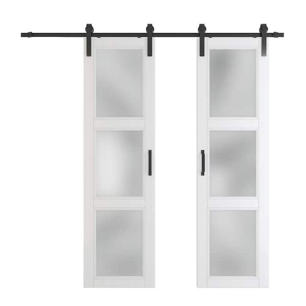 TENONER Double Sliding 48 in. x 84 in., 2 Panel, 3-Lite Frosted Glass, White, Finished, MDF Barn Door Slab with Hardware Kits