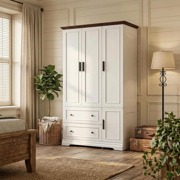 LACOO 37.1 in. W x 21 in. D x 70.9 in. H White 3-Door Bedroom Armoire Wardrobe with Drawers V-WAR-1293-2WA LACOO 37.1 in. W x 21 in. D x 70.9 in. H White 3-Door Bedroom Armoire Wardrobe with Drawers V-WAR-1293-2WA