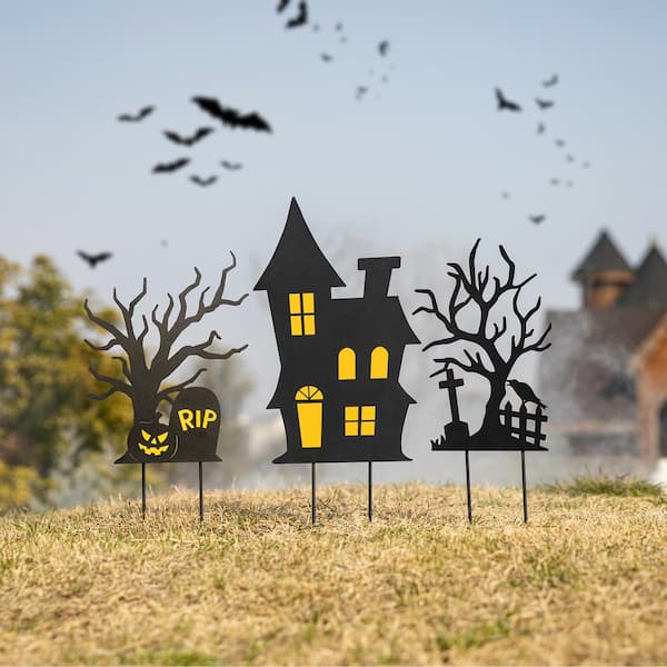 Glitzhome 24 in. H Halloween Metal Silhouette Haunted House and Ghost Tree Yard Stake or Hanging Decor (Set of 3)