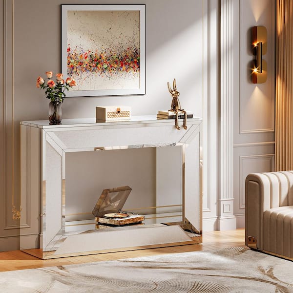 BYBLIGHT Turrella 47.24 in. Rectangle Elegant Silver Mirrored Console Table, Modern Hallway Accent Table Entry Table Behind Sofa