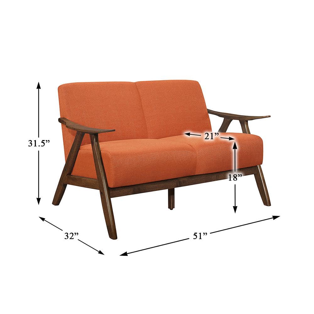 Retro Orange Fabric and Walnut Wood Loveseat with Sloped Arms