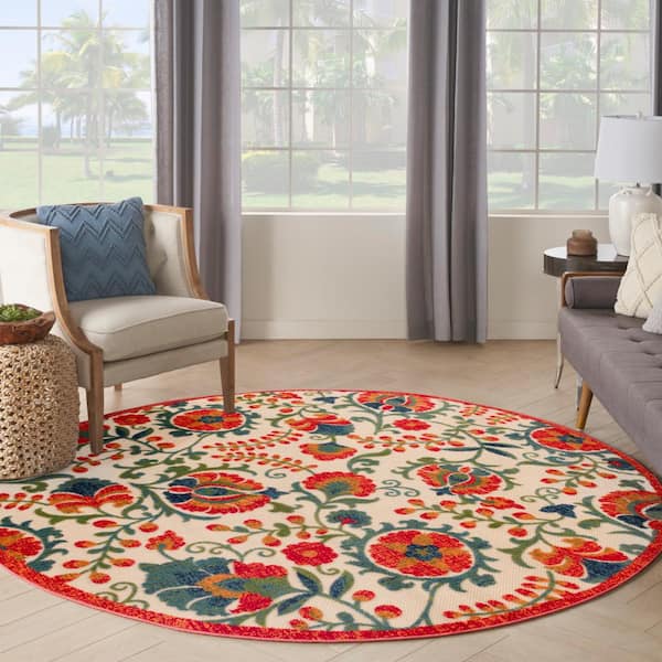 Aloha Red Multicolor 8 ft. x 8 ft. Floral Contemporary Indoor/Outdoor Round Area Rug