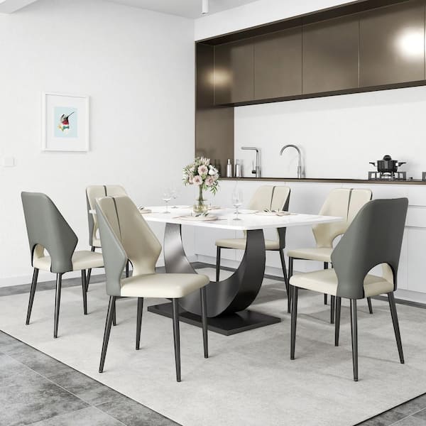 Magic Home Set of 6 Modern Dining Chairs PU Leather Seat Curved Open Back with Black Iron Legs in Gray