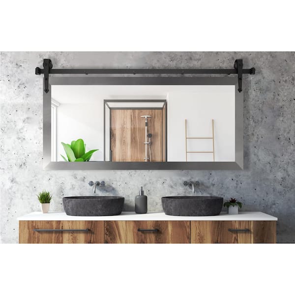 (55 in. W x 30 in. H) Brushed Nickel Accent Mirror with Steel Barn Door Rail