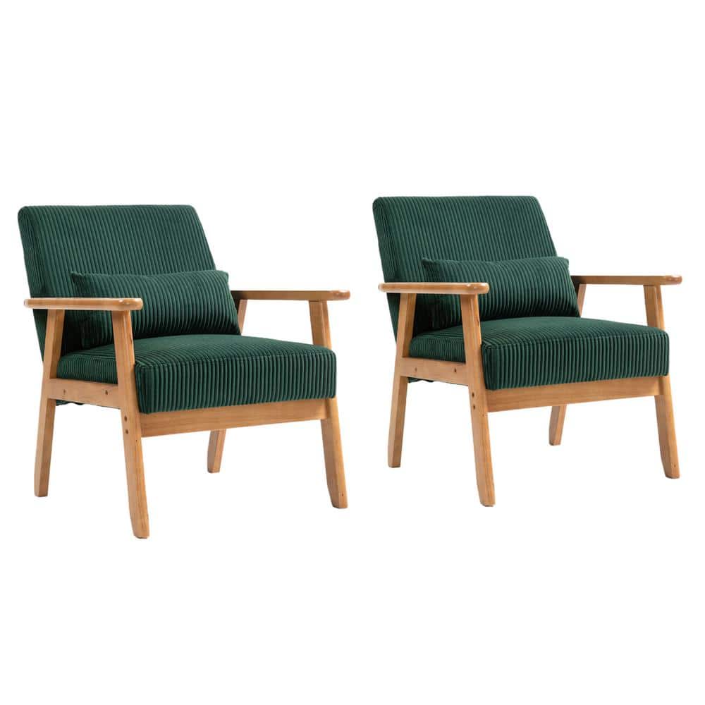 Green Corduroy Accent Armchair Set of 2 with Solid Wood Armrest Rubber Wood