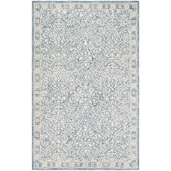 SAFAVIEH Micro-Loop Blue/Ivory 9 ft. x 12 ft. Trellis Floral Area Rug