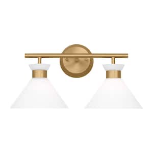 Belcarra 17.25 in. W x 9.125 in. H 2-Light Satin Brass Bathroom Vanity Light with Etched White Glass Shades