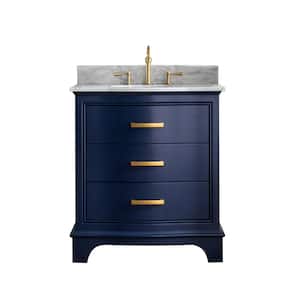 Monroe 30 in. W x 22 in. D Bath Vanity in Navy Blue with Natural Marble Vanity Top in Carrara White with White Sink