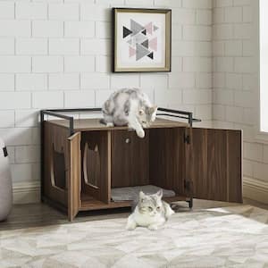 Hidden Cat Litter Box Furniture with Ventilation and Bench Seat Pet Crate with Iron and Wood Sturdy Structure in Walnut