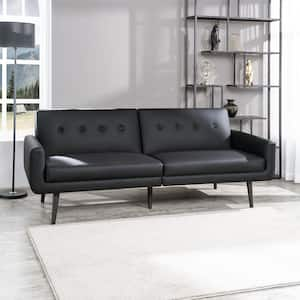 Black Leather Futon Sofa, Convertible, Split Back Premium Faux Leather Sleeper Couch Sofa with Tapered Legs