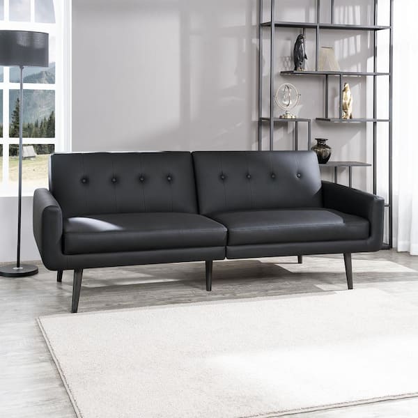 HOMESTOCK Black Leather Futon Sofa, Convertible, Split Back Premium ...