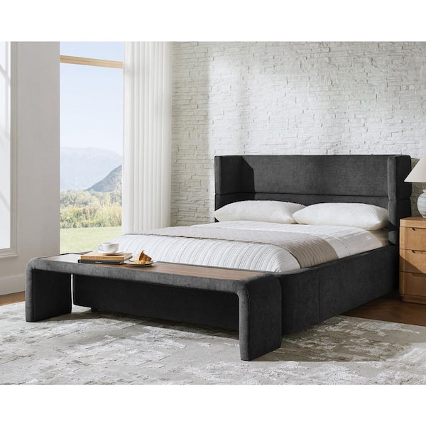 Karl Black Pine Wood Frame Queen Platform Bed with Bedside Tables