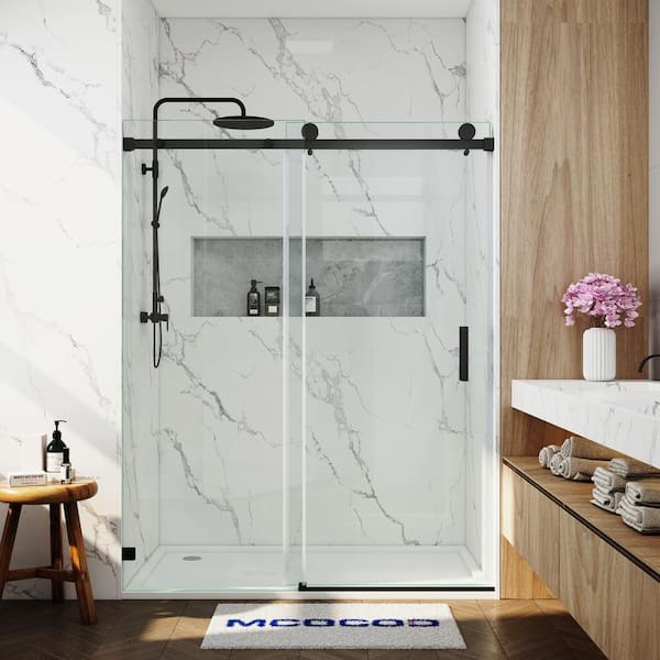 MCOCOD 56-60.5 in. W x 76 in. H Single Sliding Frameless Smooth Sliding Shower Door in Matte Black with 3/8 in. Clear Glass