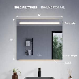 32 in. H x 28 in. W Large Rectangular Frameless LED Wall Mounted Bathroom Vanity Mirror with Defogger