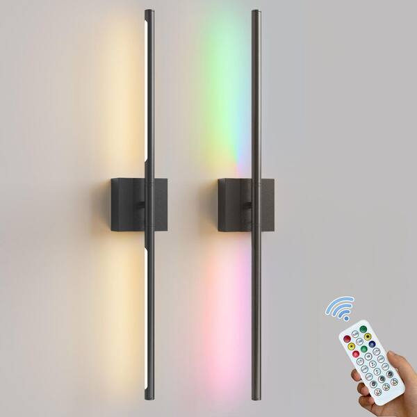 28 in. 2-Light Black Wall Sconces Set, Wireless 3CCT-RGB LED Wall Lights for Bedroom, Living Room, Hotel, 2-Pack
