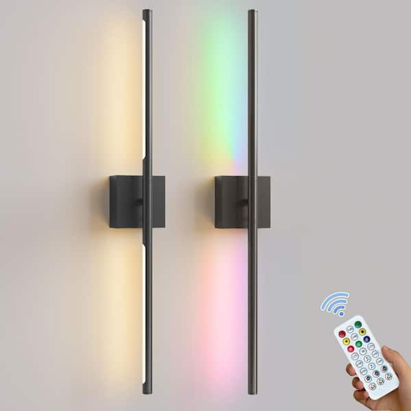 28 in. 2-Light Black Wall Sconces Set, Wireless 3CCT-RGB LED Wall Lights for Bedroom, Living Room, Hotel, 2-Pack