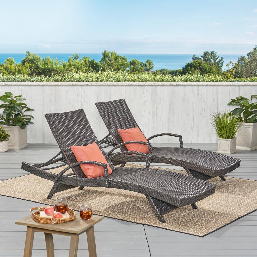 Gray Wicker Outdoor Adjustable Arm Chaise Lounges, Set of 2