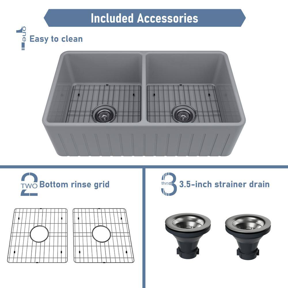 33" L x 18" W Double Bowl Fireclay Farmhouse Kitchen Sink with Sink Grid