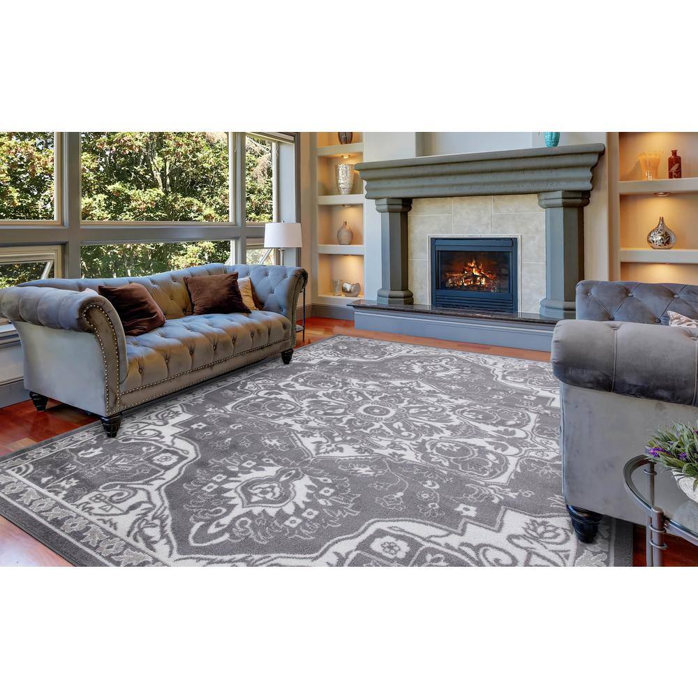 Gray Rectangular Medallion Synthetic Easy Care Area Rug