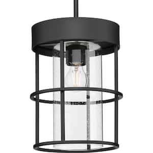 Burgess Collection 9-1/2 in. 1-Light Matte Black Modern Farmhouse Pendant with Clear Seeded Glass Shades