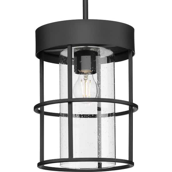 Progress Lighting Burgess Collection 9-1/2 in. 1-Light Matte Black Modern Farmhouse Pendant with Clear Seeded Glass Shades