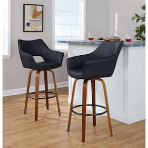 Mustang 30.25 in. Black Faux Leather, Walnut Wood, and Black Metal Fixed-Height Barstool (Set of 2)