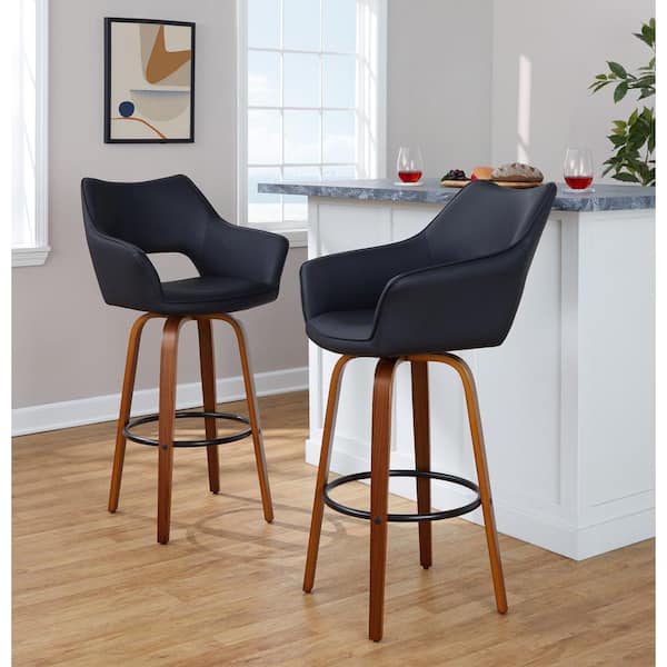 Lumisource Mustang 30.25 in. Black Faux Leather, Walnut Wood, and Black Metal Fixed-Height Barstool (Set of 2)