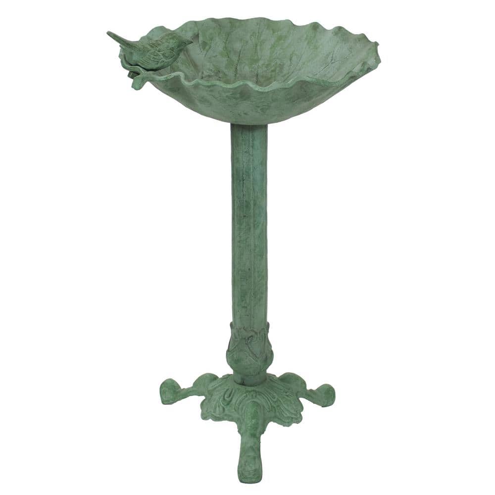 Green Patina Cast Aluminum Leaf Bird Bath with Metal Sculpture
