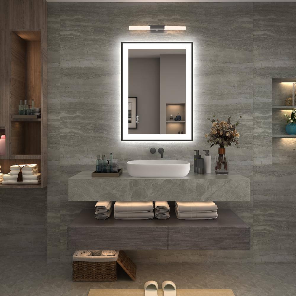 Matte Black LED Lighted Anti-Fog Vanity Mirror with Tempered Glass, 28" x 20"