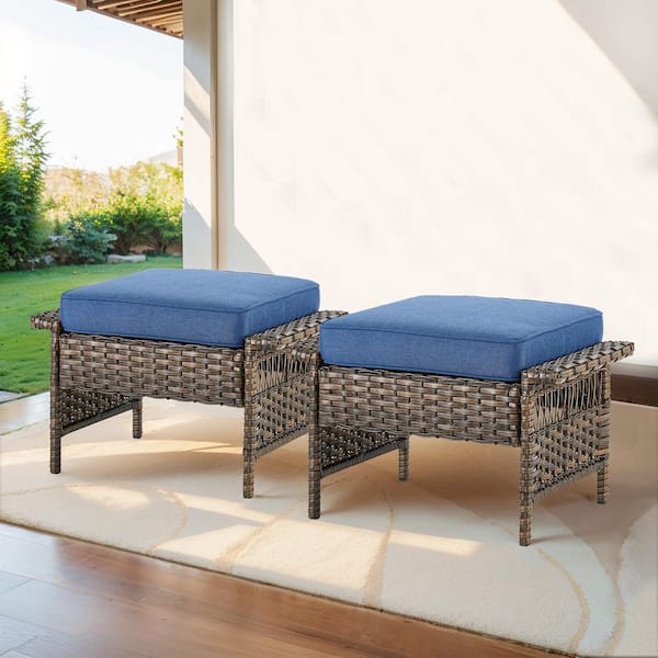 moosprr Brown Wicker Outdoor Ottoman with Blue Cushions (2-Pack)