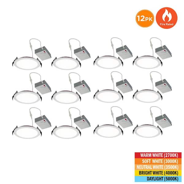12-Pack 6 in. Fire Rated Canless Integrated LED Recessed Light Trim Downlight, 1200 Lumens, Selectable CCT 2700K-5000K