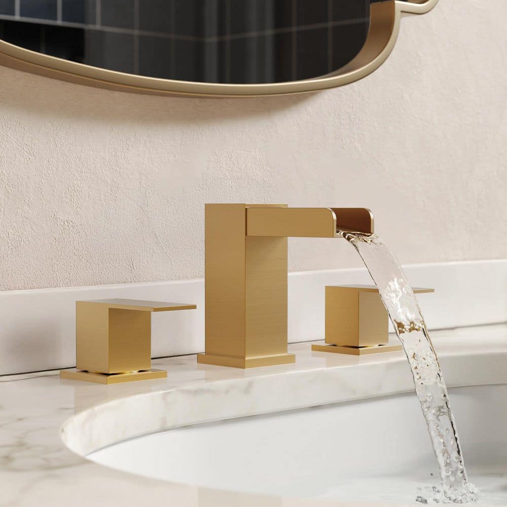 Waterfall Spout 8 in. Widespread Double Handle Bathroom Faucet 1.0 GPM in Brushed Gold Valve and Drain Included price history on PriceWatchPro