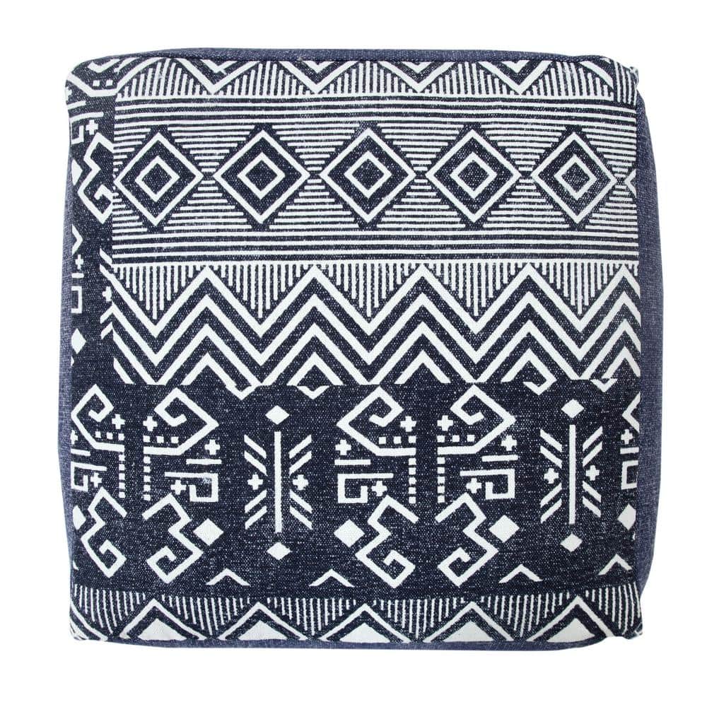 Handcrafted Navy and White Cotton Geometric Pouf Ottoman