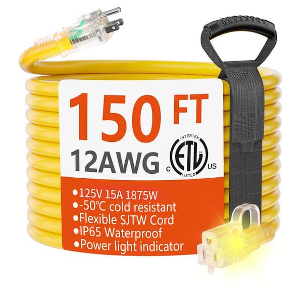 150 ft 12/3 Gauge Outdoor Extension Cord,15A 1875W 12AWG SJTW,Waterproof Heavy Duty with Lighted end,3 Prong Cord,Yellow