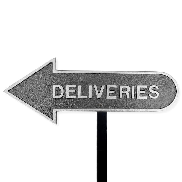 Montague Metal Products 6 in. x 15.5 in. Left Arrow Deliveries Statement Plaque Sign with Lawn Stake-Swedish Iron