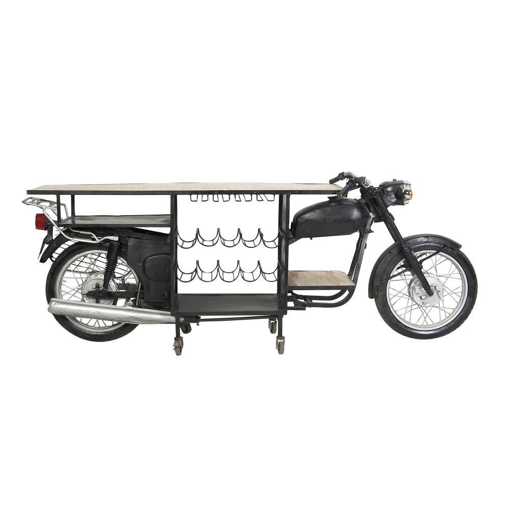 Black Metal and Mango Wood Motorcycle Bar Cart