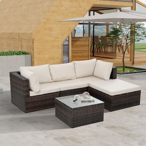 5-Piece PE Rattan Wicker Patio Conversation Set with Beige Cushions