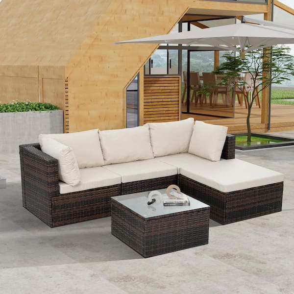 Boosicavelly 5-Piece PE Rattan Wicker Patio Conversation Set with Beige Cushions