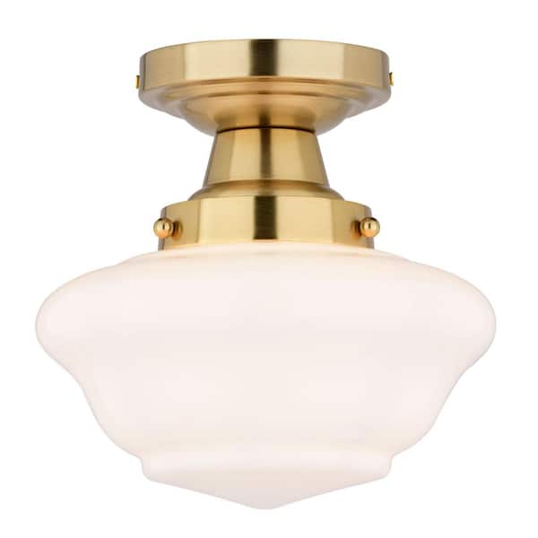 Eastgate 8.75 in. W Gold Brass Contemporary Semi Flush Mount Ceiling Light White Schoolhouse Glass